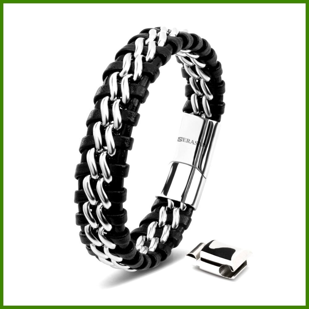 Genuine Leather Bracelet with Magnetic Clasp for Men